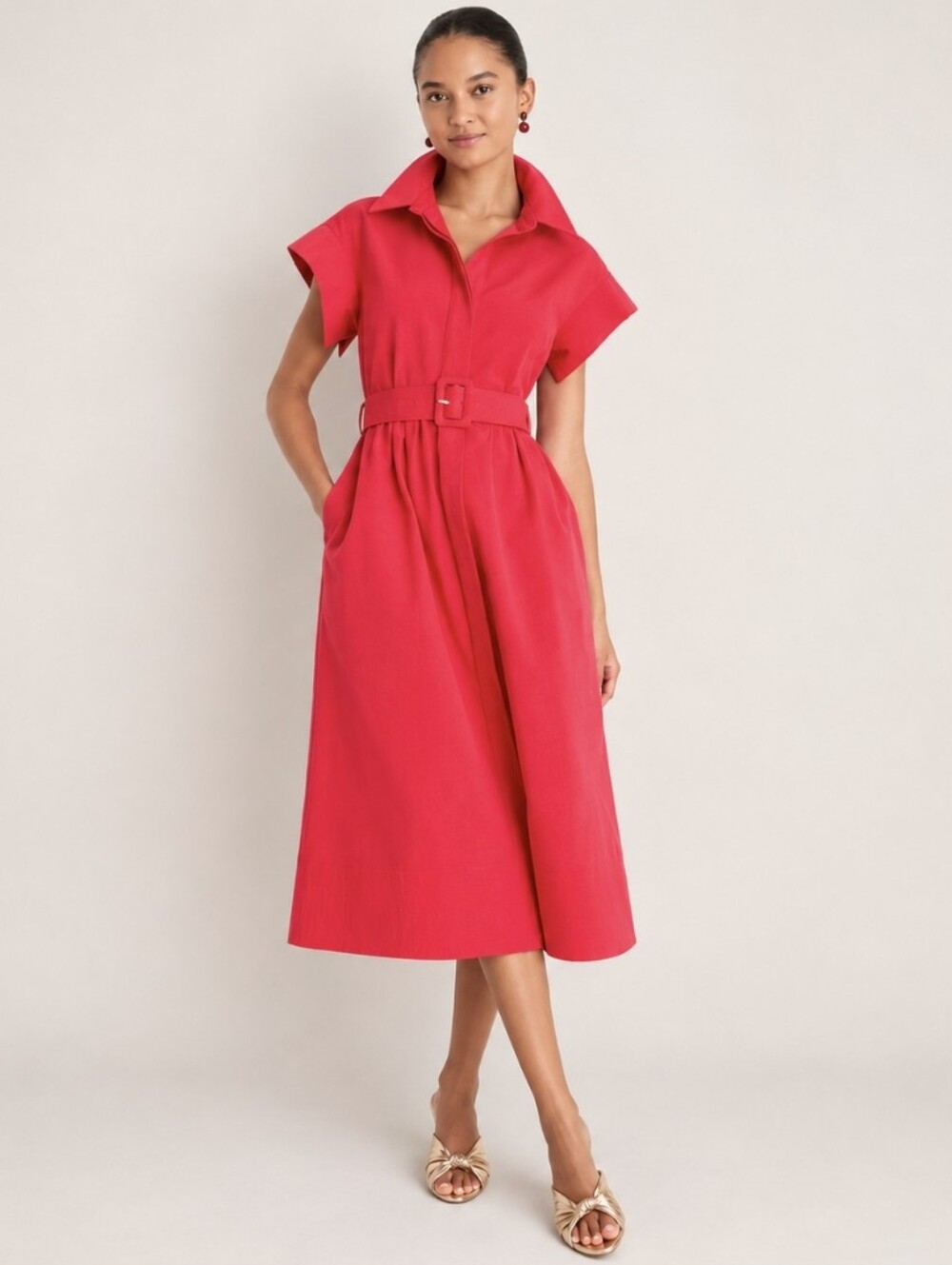 Tuckernuck Red Chloe Dress Belted Midi Shirt Dress A-Line Button Front Size XL